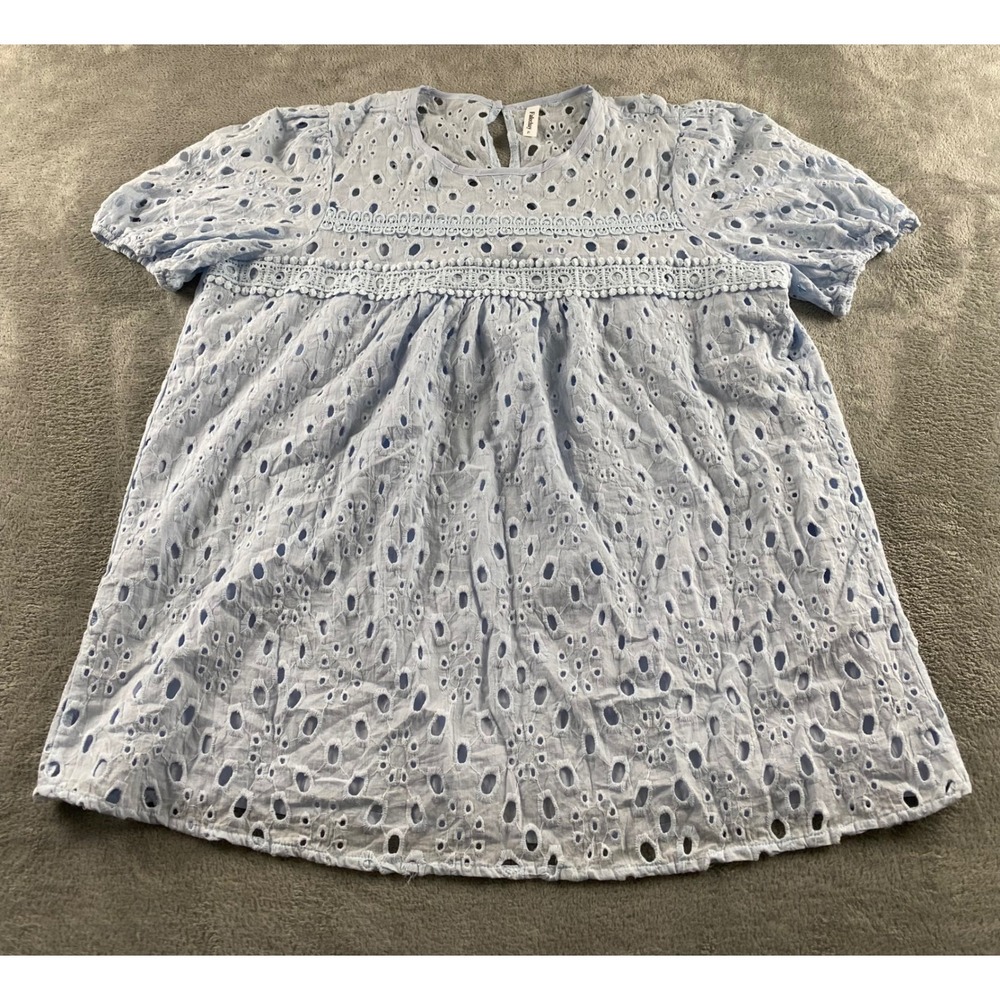 Falechay Light Blue Eyelet Lace Babydoll Blouse Short Sleeve XL Crochet Trim